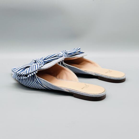 J Crew Sandals Womens 8.5 Blue White Stripes Mules Bow Pointed Toe Slides Flat - Picture 6 of 12